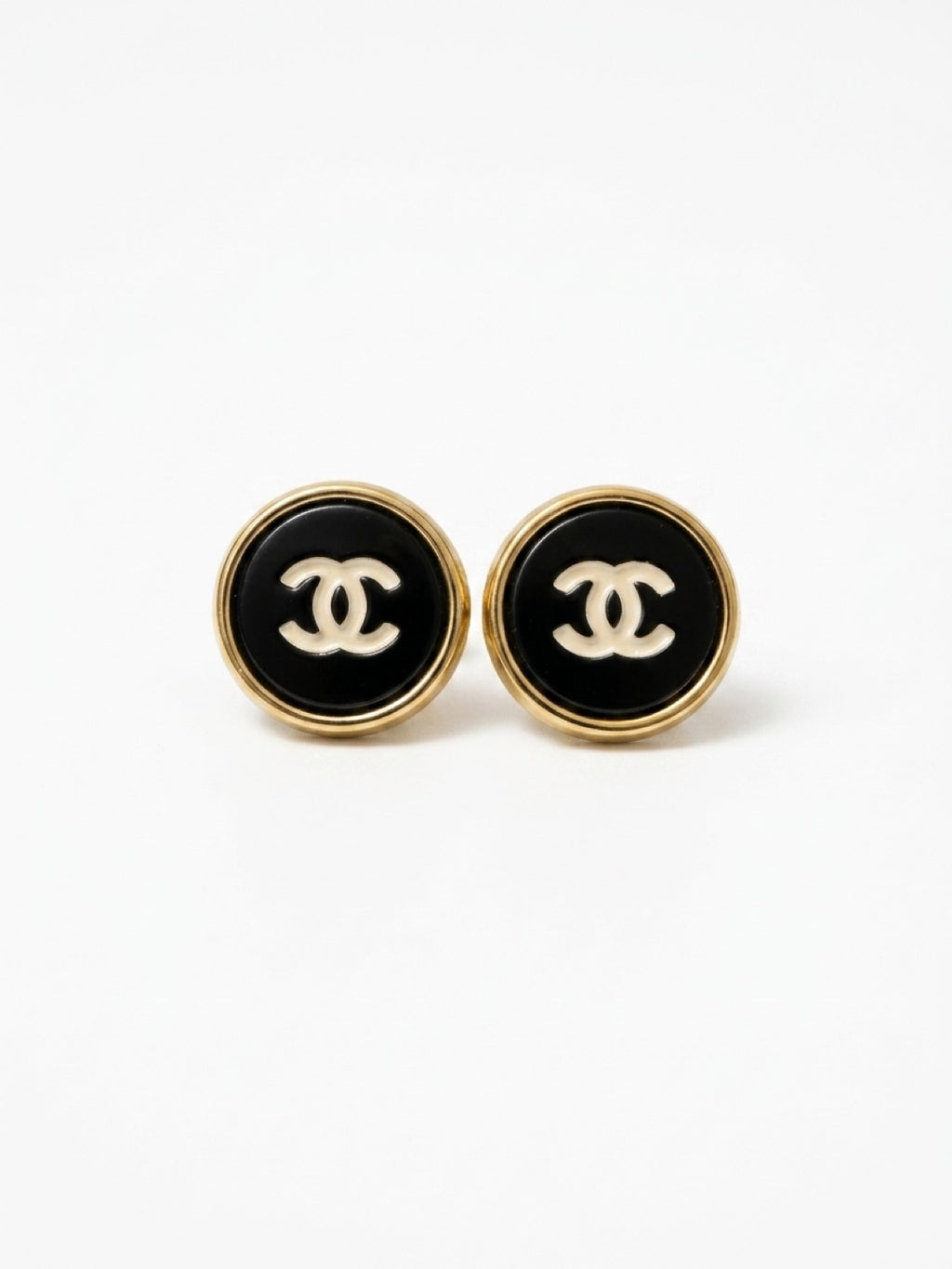 Gold Black CC Round Button Earrings
