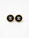 Gold Black CC Round Button Earrings