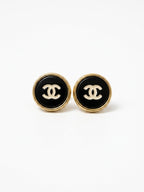 Gold Black CC Round Button Earrings