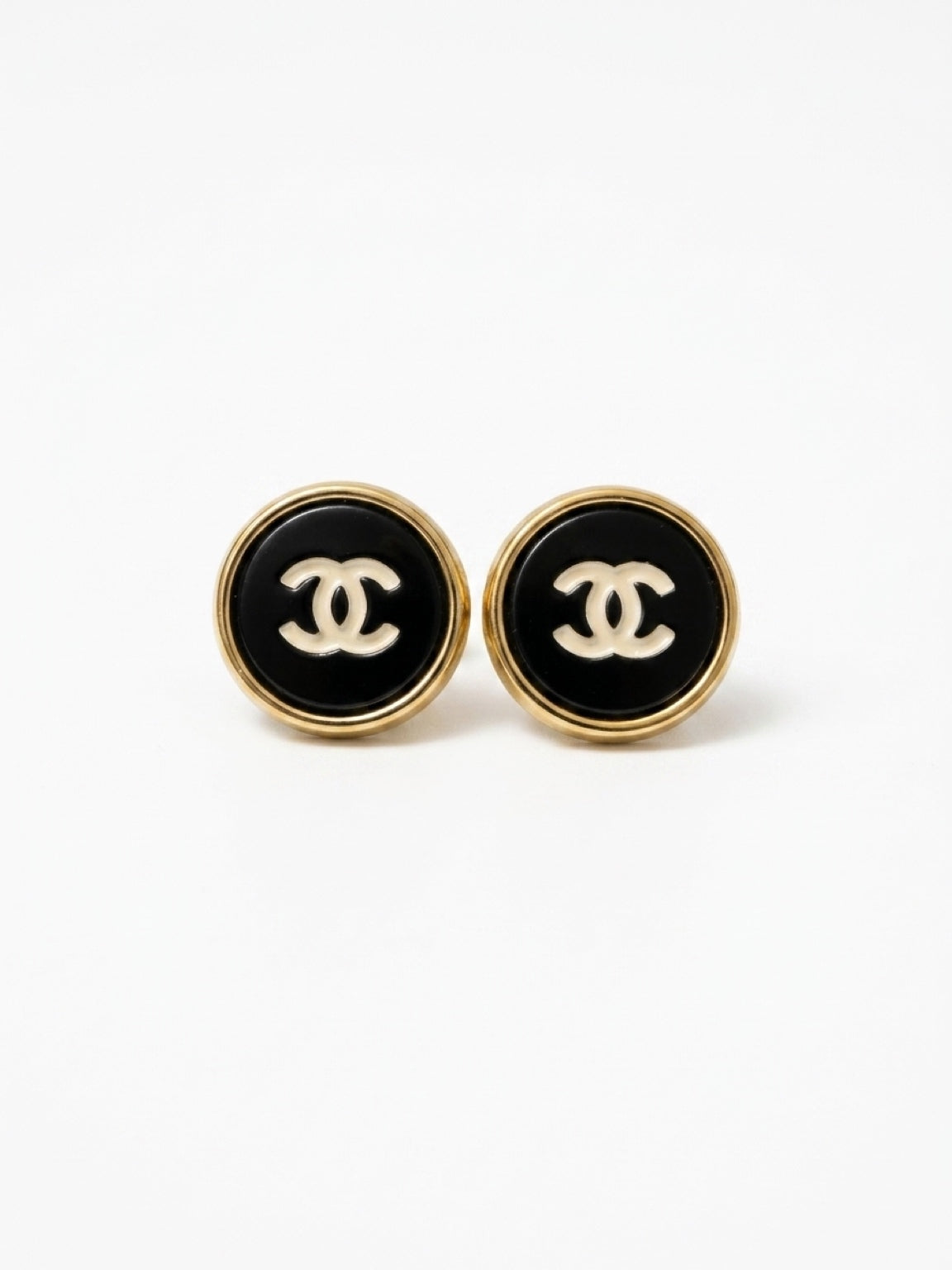 Gold Black CC Round Button Earrings