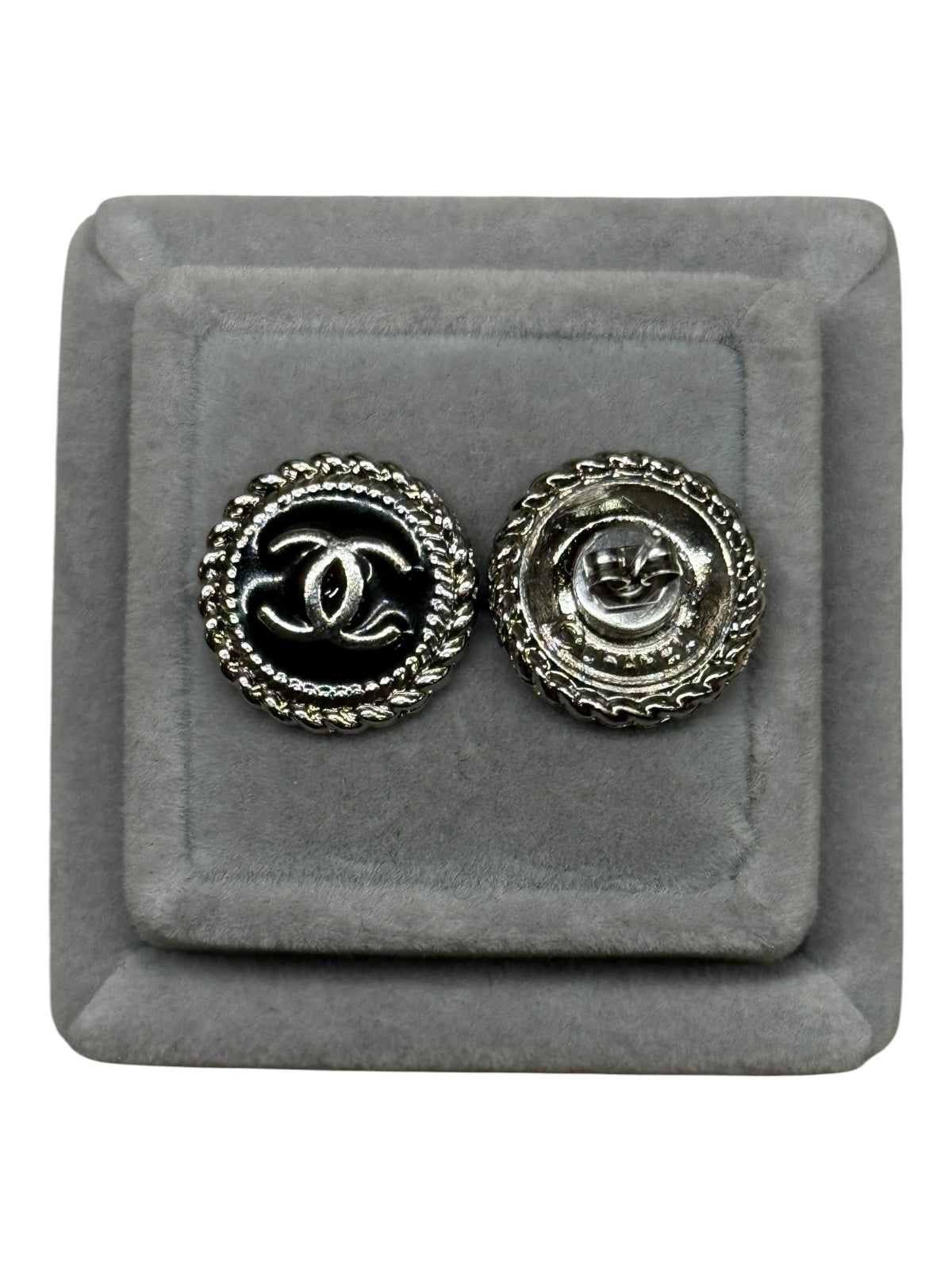 Upcycled black and silver button stud earrings