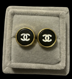 Gold Black CC Round Button Earrings
