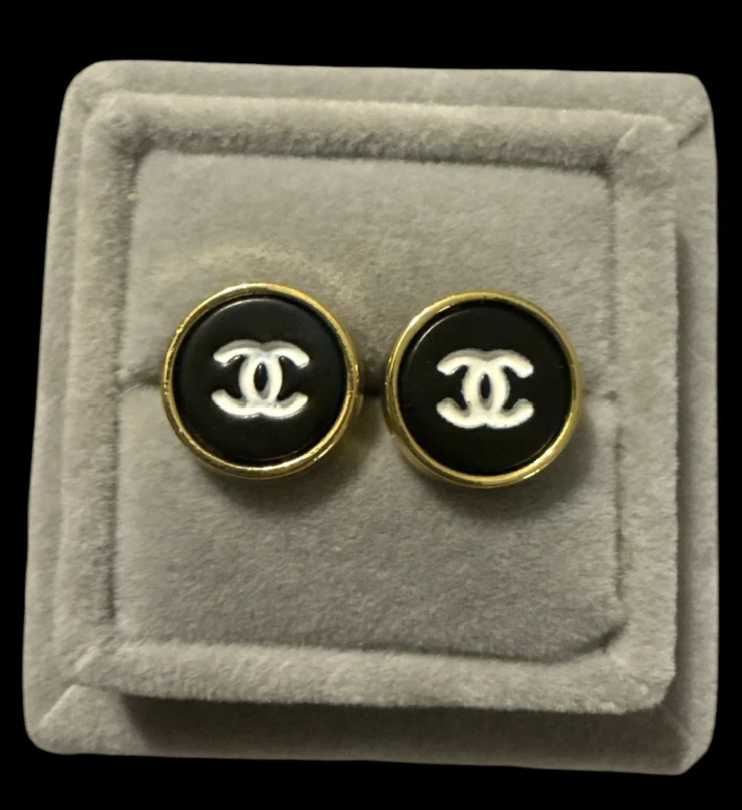 Gold Black CC Round Button Earrings