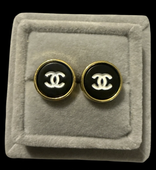 Gold Black CC Round Button Earrings