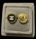 Gold Black CC Round Button Earrings