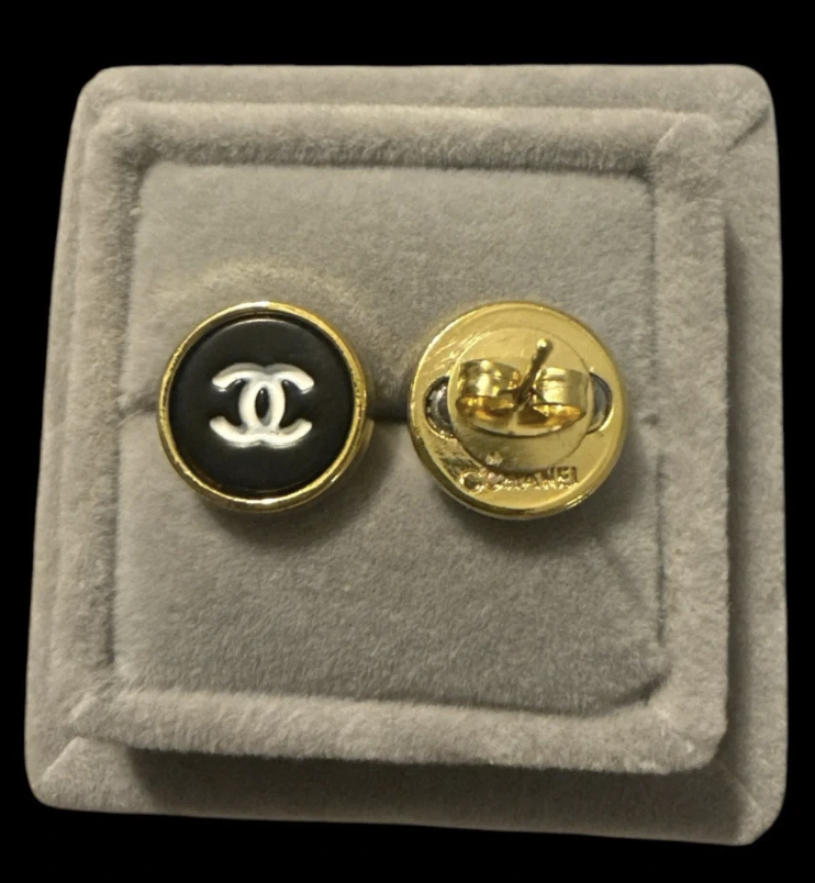 Gold Black CC Round Button Earrings