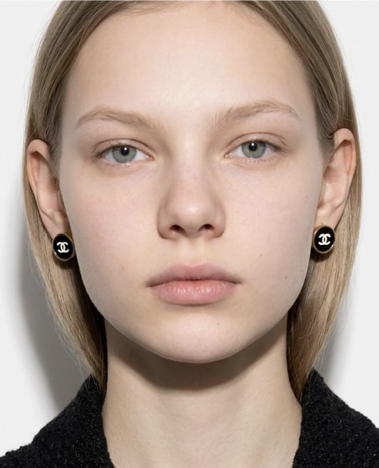 Gold Black CC Round Button Earrings
