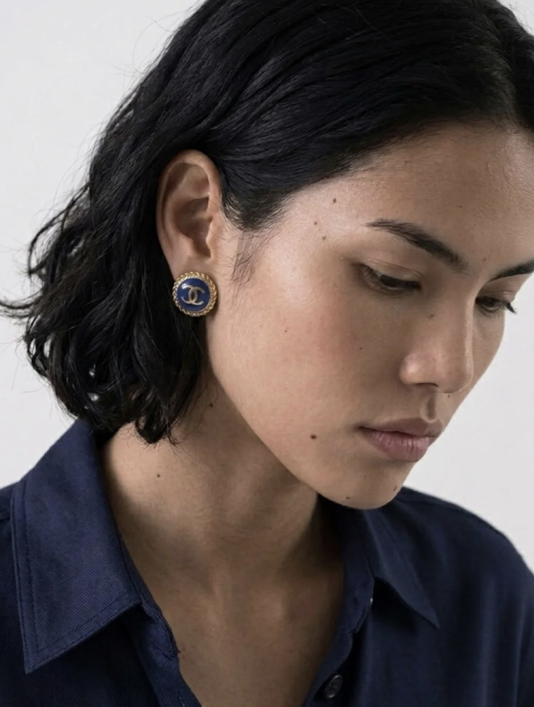 Gold-Tone Rope Border Navy Blue upcycled Earrings